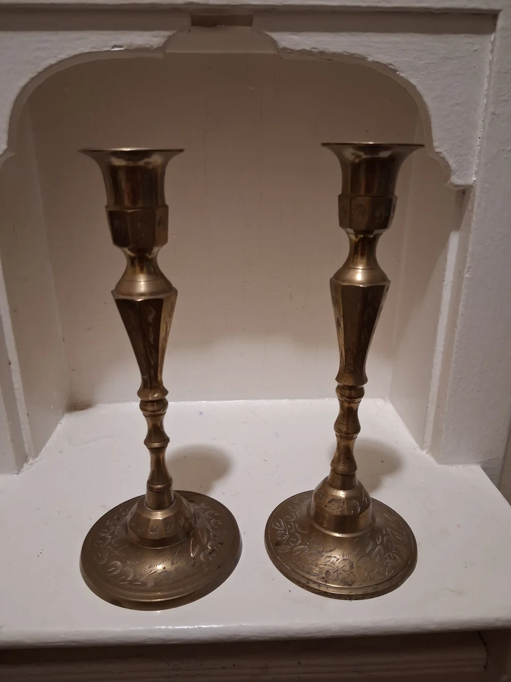 Vintage Pair Brass Candlestick Holders With Floral Etching